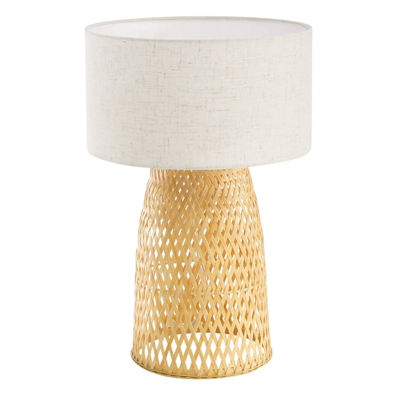 Booniture Handwoven Bamboo Table Lamp, Boho Farmhouse Style Bedside Lamp with Linen Shade, Natural Bamboo Weave Desk Lamp for Bedroom Living Room Tea Room,Beige