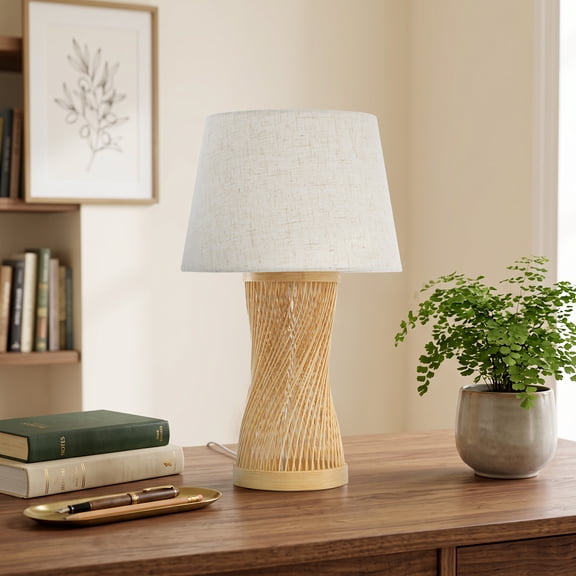 Booniture Twisted Bamboo Table Lamp 16.9" H with Linen Shade, E26 Socket 40W Max for Bedroom Living Room Tea Room Beige