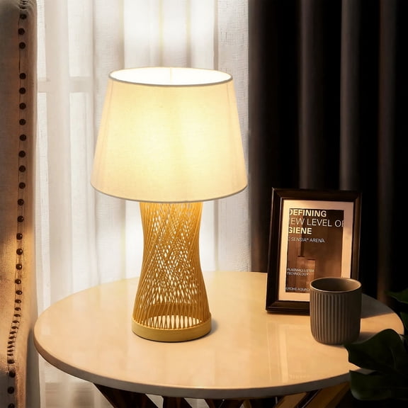 Booniture Twisted Bamboo Table Lamp 16.9" H with Linen Shade, E26 Socket 40W Max for Bedroom Living Room Tea Room White