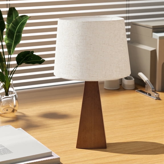 Booniture Small Table Lamp 11" Linen Fabric Shade, Solid Walnut Base, E26 Socket 40W, Compact for Desk Nightstand Shelf