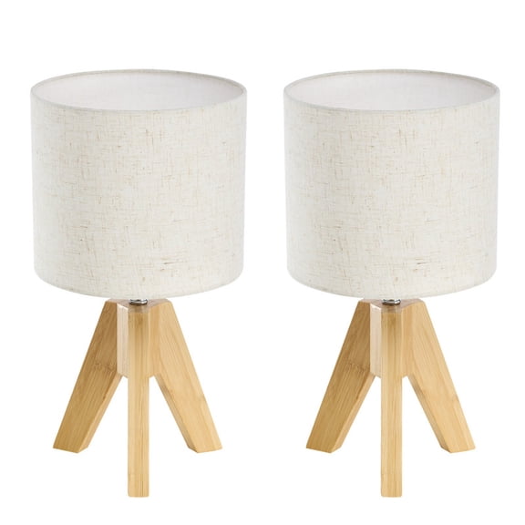 Booniture Set of 2 Small Bedside Table Lamp,Wooden Tripod Nightstand Lamp for Bedroom,Living Room,Office,Home with Fabric Linen Shade(Without Bulb),Nature