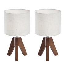 Booniture Set of 2 Small Bedside Table Lamp,Wooden Tripod Nightstand Lamp for Bedroom,Living Room,Office,Home with Fabric Linen Shade(Without Bulb),Walnut