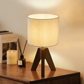 Booniture Set of 2 Small Bedside Table Lamp,Wooden Tripod Nightstand Lamp for Bedroom,Living Room,Office,Home with Fabric Linen Shade,Walnut
