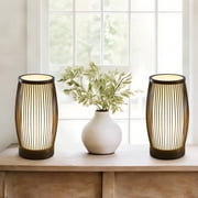 Booniture Set of 2 Boho Bamboo Table Lamps,Handmade Woven Bedside Lamp,Nightstand Lamp for Kids Room, Living Romm, Bedroom, Dorm Decor,Walnut