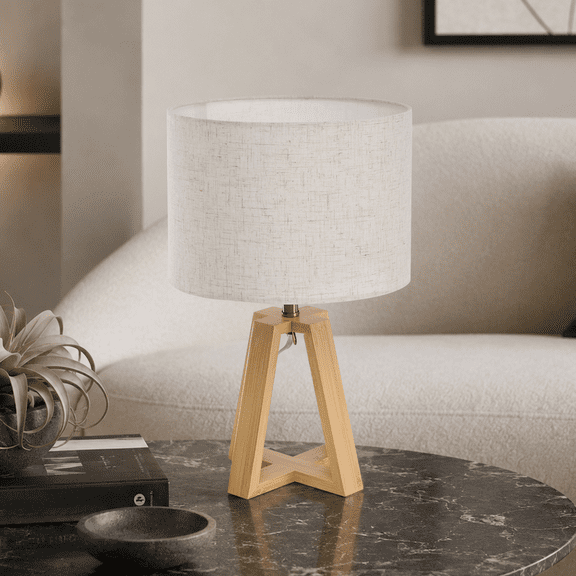 Booniture Small Table Lamp 11" Linen Fabric Shade, Solid Natural Base, E26 Socket 40W, Compact for Desk Nightstand Shelf