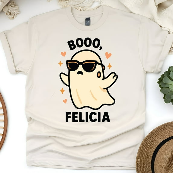 Booo Felicia Shirt | Funny Ghost Graphic Tee | Unisex Casual T-Shirt, Natural, Size L