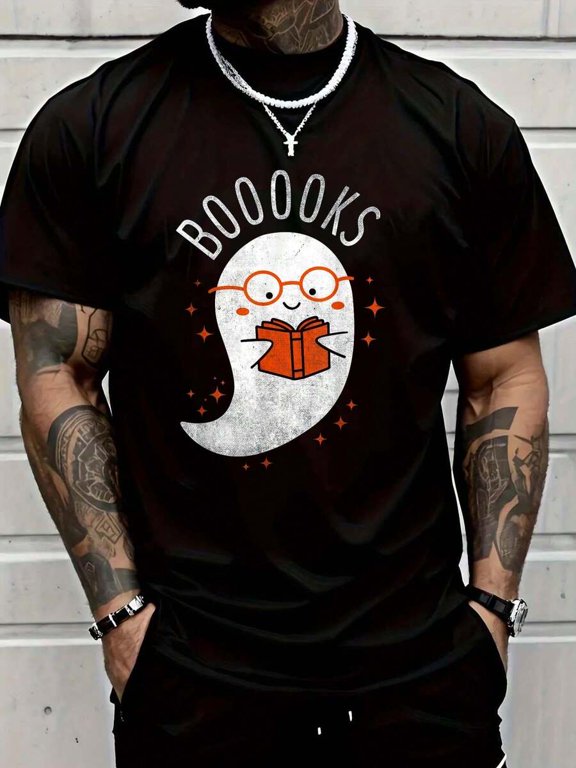 Booooks Ghost Book Reading Halloween Graphic Crew Neck Short Sleeve T‑Shirt, Casual Tops For Men