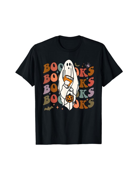 Booooks Ghost Halloween Groovy Vintage Teacher Book Reading T-Shirt