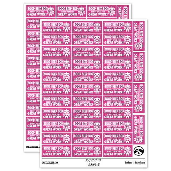 Boop Beep Bop Robot Speak For Great Work Teacher Student School Sticker Set - Hot Pink - Gloss Finish - 1.5" Small