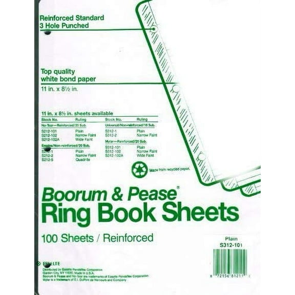 Boorum & Pease Reinforced Ring Book Sheets, 8.5 x 11 in., Unruled, 100 Sheets Per Pack - 3 PACKS