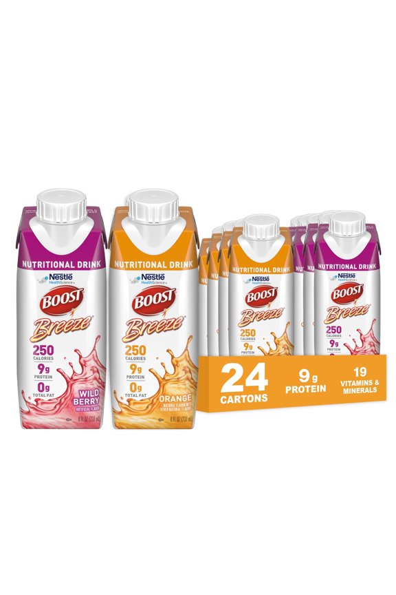 Breeze Clear Nutritional Drink, 9g Protein, 250 Calories, 2 Flavor Variety Case (Orange & Wild Berry), 8 fl oz, Pack of 24