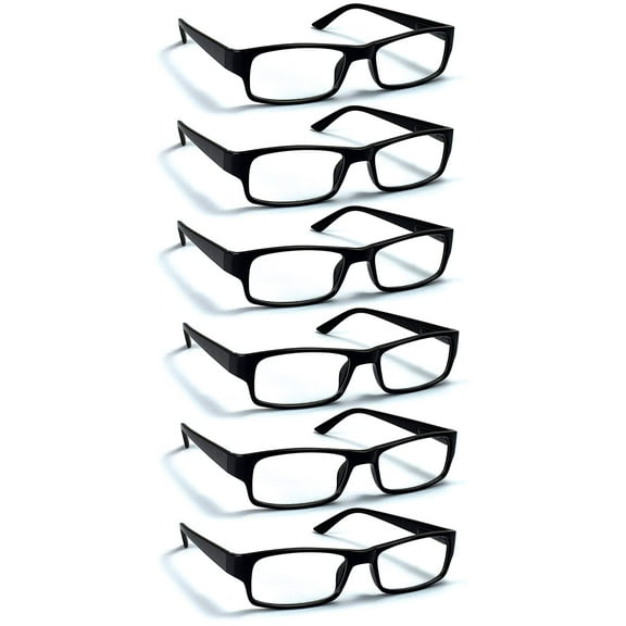 Boost Eyewear 6 Pack Reading Glasses, Traditional Black Frames, for Men and Women, with Comfort Spring Loaded Hinges, Black, 6 Pairs (+1.75)