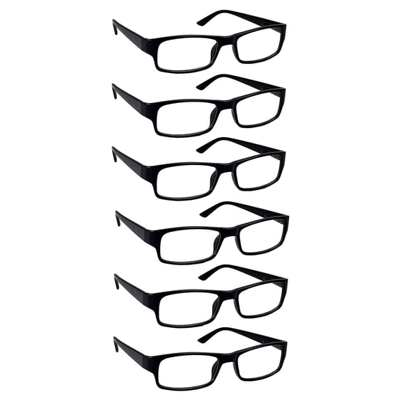 Boost Eyewear 6 Pack Reading Glasses, Traditional Black Frames, for Men and Women, with Comfort Spring Loaded Hinges, Black, 6 Pairs (+1.75)