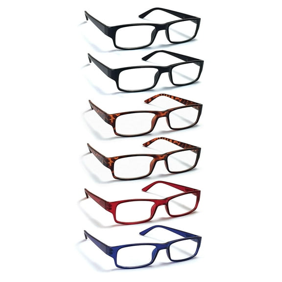 Boost Eyewear 6 Pack Reading Glasses, Traditional Frames in Black, Tortoise Shell, Blue and Red, for Men and Women, with Comfort Spring Loaded Hinges, Assorted Colors, 6 Pairs (4.00, 9, 2, 0, 0, 6)