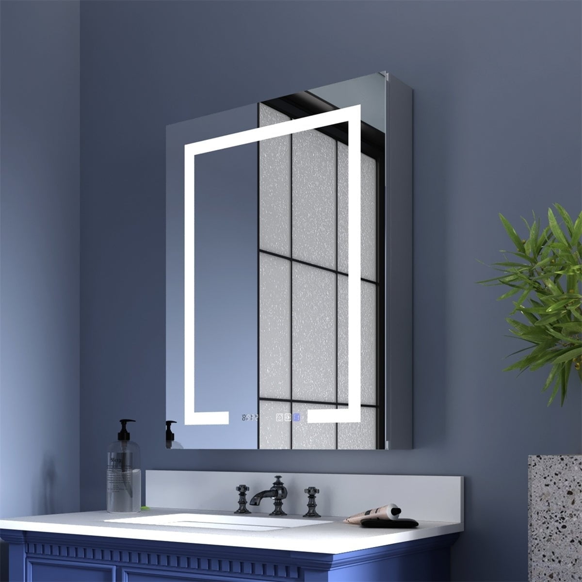 ExBrite 36 inch W x 32 inch H LED Lighted Mirror Black Medicine Cabinet with Shelves for Bathroom Recessed or Surface Mount, Size: 1 in