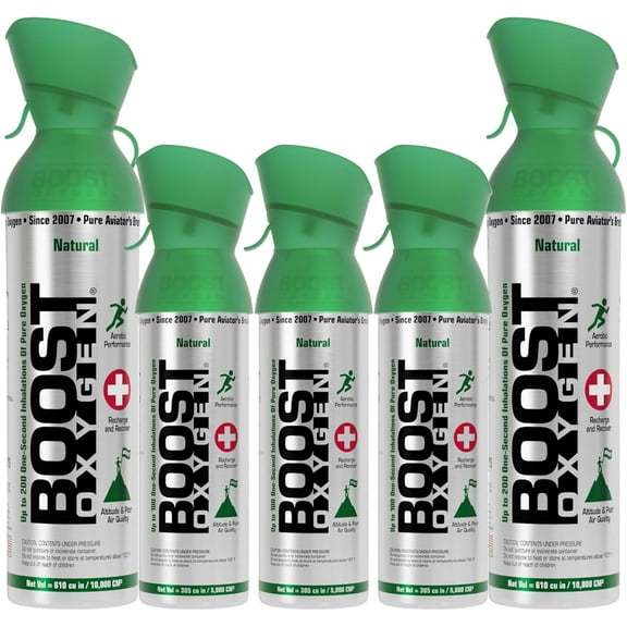 Boost Oxygen 10 Liter Canned Oxygen (2 hukfga) and 5 Liter Canned Oxygen (3 hukfga) with Built-in Mouthpiece for High Altitudes and Recovery, Flavorless