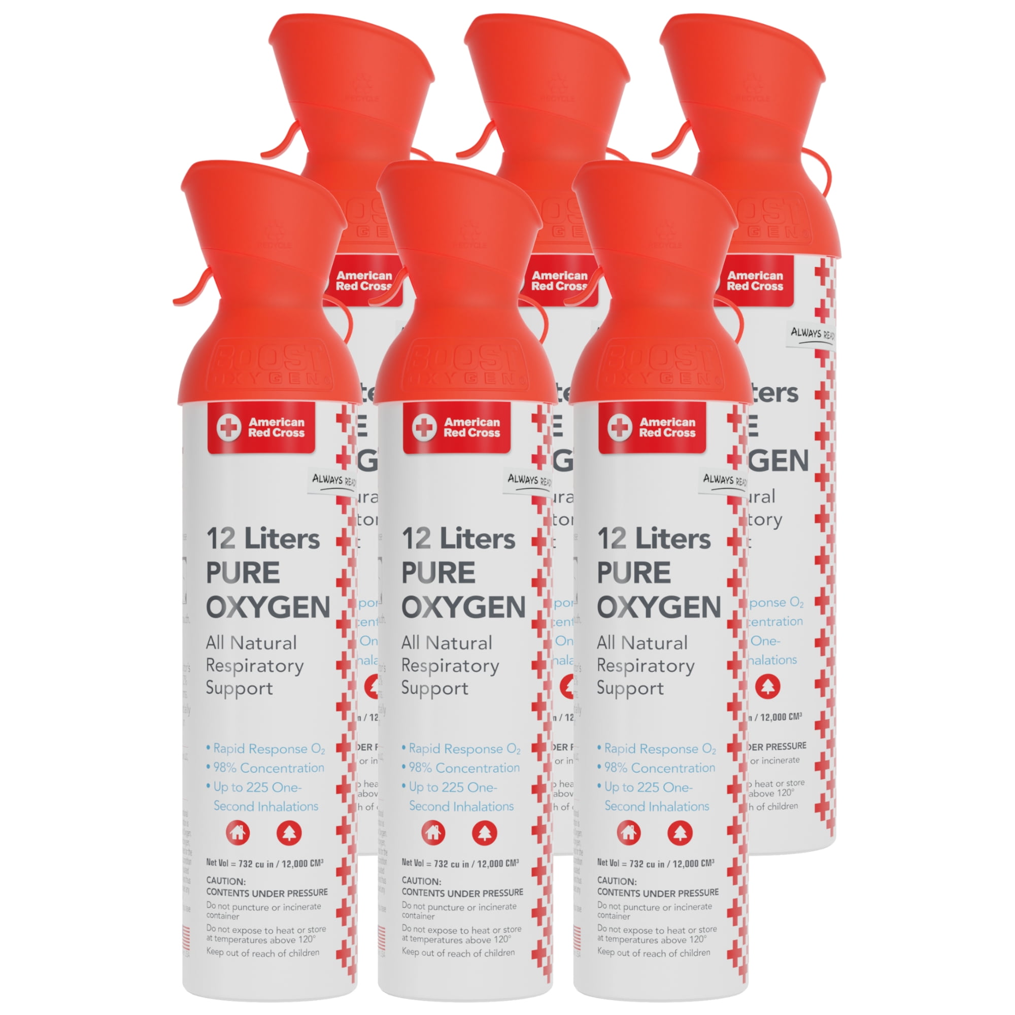 Boost Oxygen American Red Cross 98% Pure Supplemental Canned Oxygen, 12 Liter, Flavorless 6 pack, Model 801