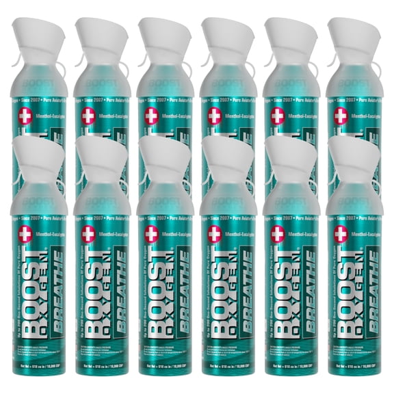 (12 pack) Boost Oxygen Portable Canned Oxygen, Menthol-Eucalyptus, 10L