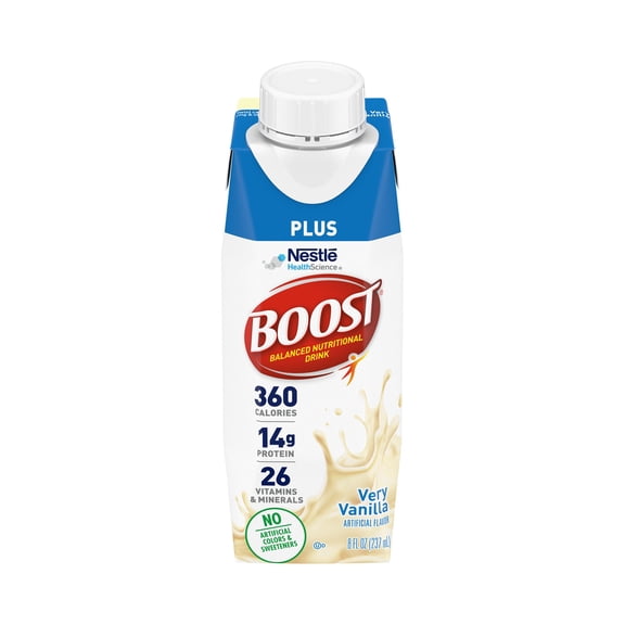 Boost Plus Balanced Nutritional Drink Very Vanilla, 8 ounce Carton, 24 Count