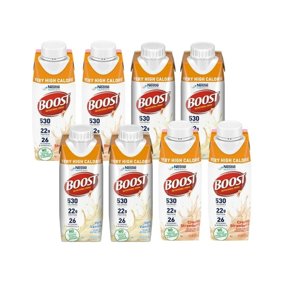 Boost Very High Calorie Nutritional Drink Variety Pack, 4 Vanilla, 4 Strawberry