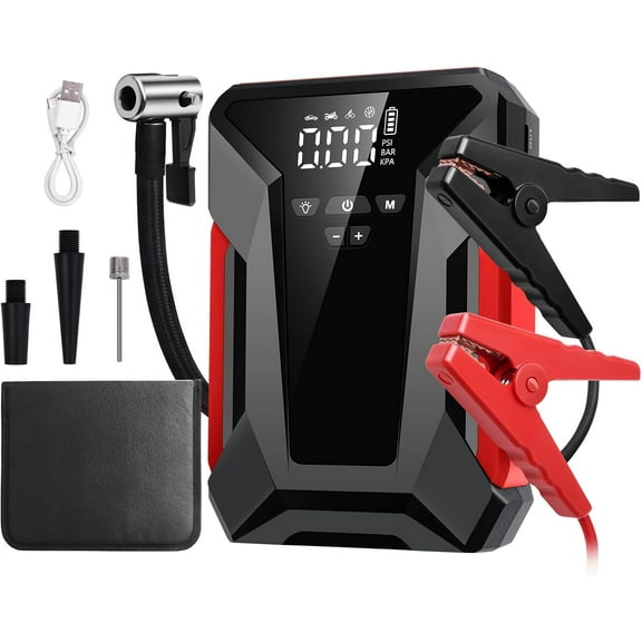 Booster Battery Multifunctional Air Compressor, 4-in-1, 1200A, Starters, 150 PSI, Portable Air Compressor, 12 V, Starter, Battery with LED Lamp, LCD Display, Auto Start
