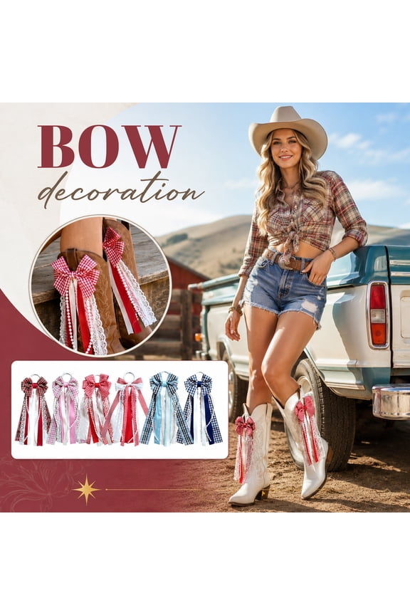 Boot Accessory Sets, Plaid Red Ribbon Bow Shoe Ornaments, Layered Lace Pearl Long Tassel Shoe Accents, Removable Western Boot Charm Decor, 7X3 Inch 1 Pair Lightweight Decorative