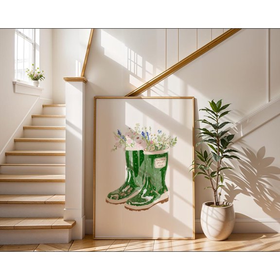 Boot Art Floral Wellington Print Green Rain Boot Decor Country Garden Spring Flower Wall Art Rustic Farmhouse