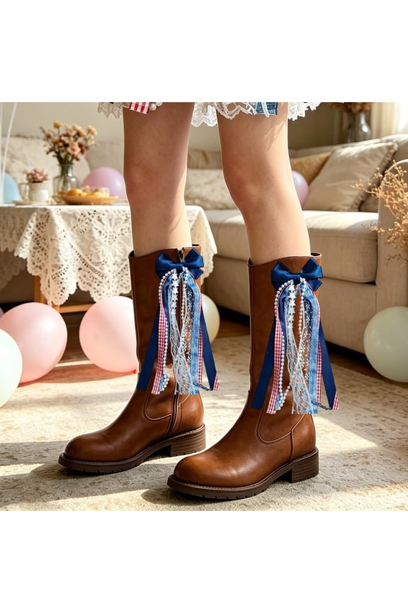 Boot Bows, Pearl Ribbon, Cowboy Boot Bow Accessories, 2Pcs Pearl Tassel Boot Decor For Cowgirls Wedding And Music Festival, Blue, 5.9x2.8 In