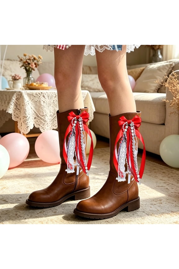 Boot Bows, Pearl Ribbon, Cowboy Boot Bow Accessories, 2Pcs Pearl Tassel Boot Decor For Cowgirls Wedding And Music Festival, Red, 5.9x2.8 In