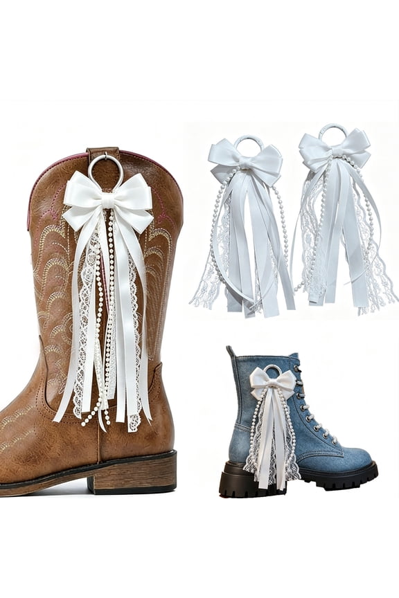 Boot Bows, Pearl Ribbon, Cowboy Boot Bow Accessories, 2Pcs Pearl Tassel Boot Decor For Cowgirls Wedding And Music Festival, White, 5.9x2.8 In