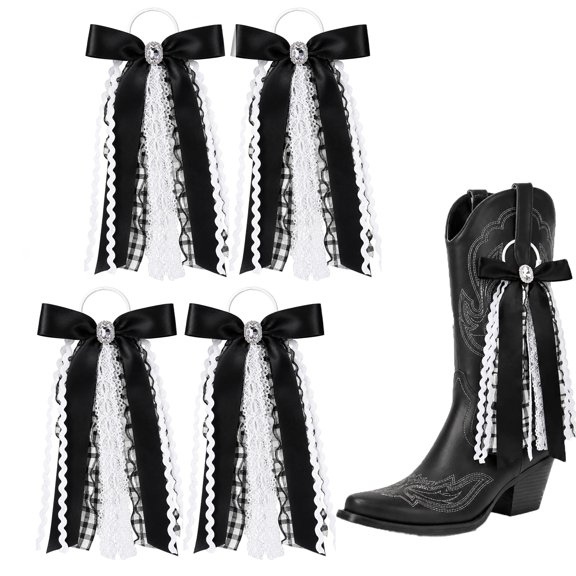 Boot Bows for Cowgirl Boots Country Concert Martin 4 Pcs Lacey Plaid Ribbon Bows Charms Western Accessories for Women-Black