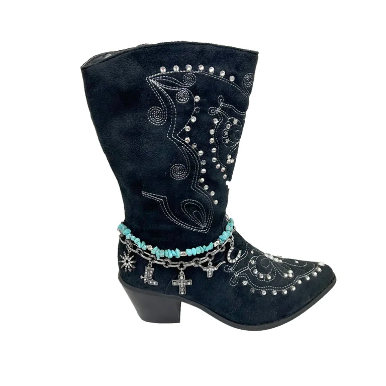 Boot Chain Bracelet Anklet Shiny Quality Crystals Rhinestones with Multiple Western Charms Pendants Long Horns Horseshoe