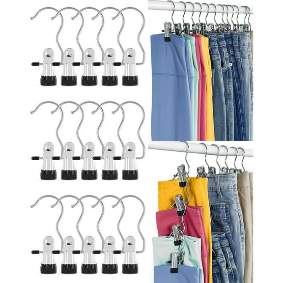 Boot Hangers Clip for Closet,15 Pack Anti-Slip Laundry Hooks with Clips,Stainless Steel Boot Hanger Clips,Portable Hangers Single Clip - Space Saving,Black