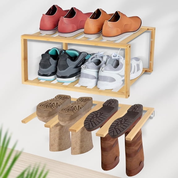 Boot Hangers Hanging Shoe Rack Wall Mounted Floating Tall Boot Holder, Bamboo Wader Organizer 3-Tier Display Shoe Rack, Holds 6 Pairs, for Entryway, Hallway, Bedroom, Garage