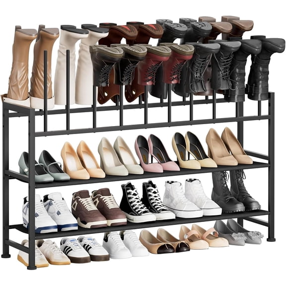 Boot Rack 4-Tier - Black Metal Boot Storage Rack for Tall Boots Organizer, Multiuse Shoe Rack for Boots, Sneakers, High-Heel, Entryway, Fits 10 Pairs