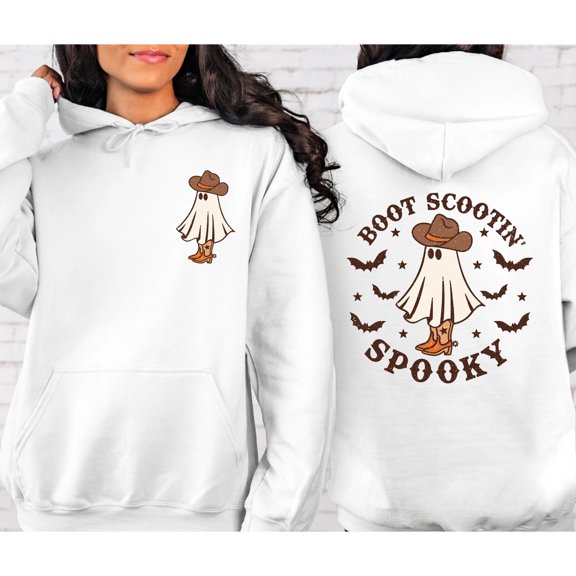"Boot Scootin' Spooky" Ghost Hoodie – Western Halloween Cowboy Ghost Sweatshirt (Front & Back Design)
