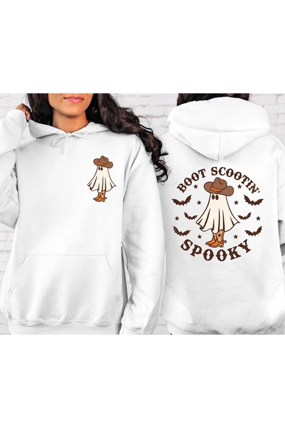 "Boot Scootin' Spooky" Ghost Hoodie – Western Halloween Cowboy Ghost Sweatshirt (Front & Back Design)