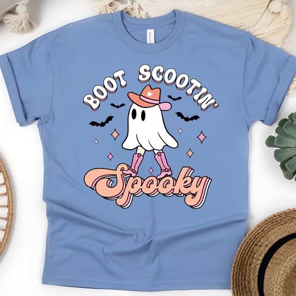 Boot Scootin’ Spooky T-Shirt | Cute Cowgirl Ghost Pink Western Halloween Tee, CarolinaBlue, Size M