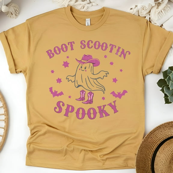Boot Scootin’ Spooky T-Shirt | Western Cowgirl Ghost Pink Halloween Tee, Gold, Size S