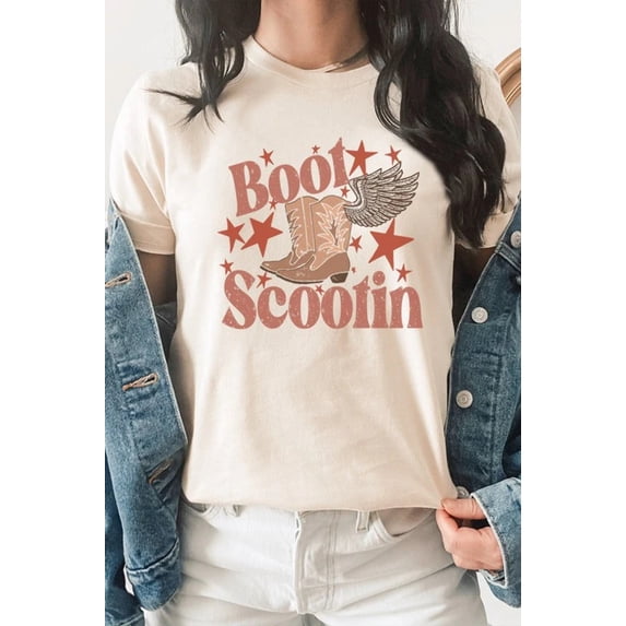 Boot Scootin Winged Cowboy Boots Stars Graphic Tee T-Shirt