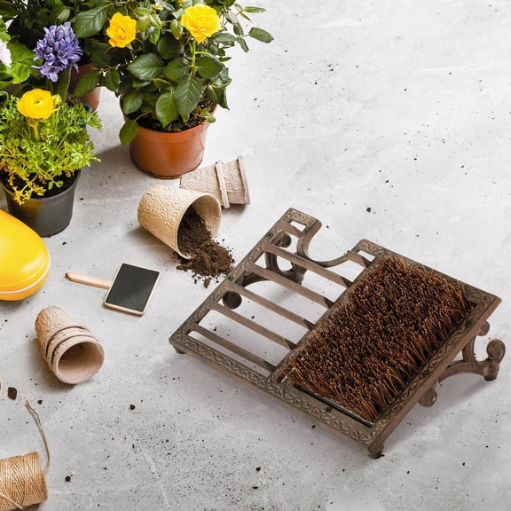 MyGift Rustic Dark Coffee Cast Iron Boot Scraper with Three Brushes and Heel Cutout, Shoe Cleaning Tool for Mudrooms and Worksites