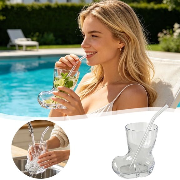Boot Shaped Glass Mug,10 Oz Novelty Cowboy Boot Cup With Straw, Clear Glass Beer Mug For Cocktails Iced Coffee, Unique Western Party Barware