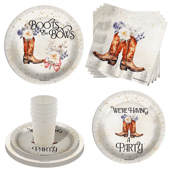 Boot or Bows Gender Reveal Party Supplies 64 Piece Tableware Set Includes Large 9" Paper Plates Dessert Plates, Cups and Napkins Kit for 16