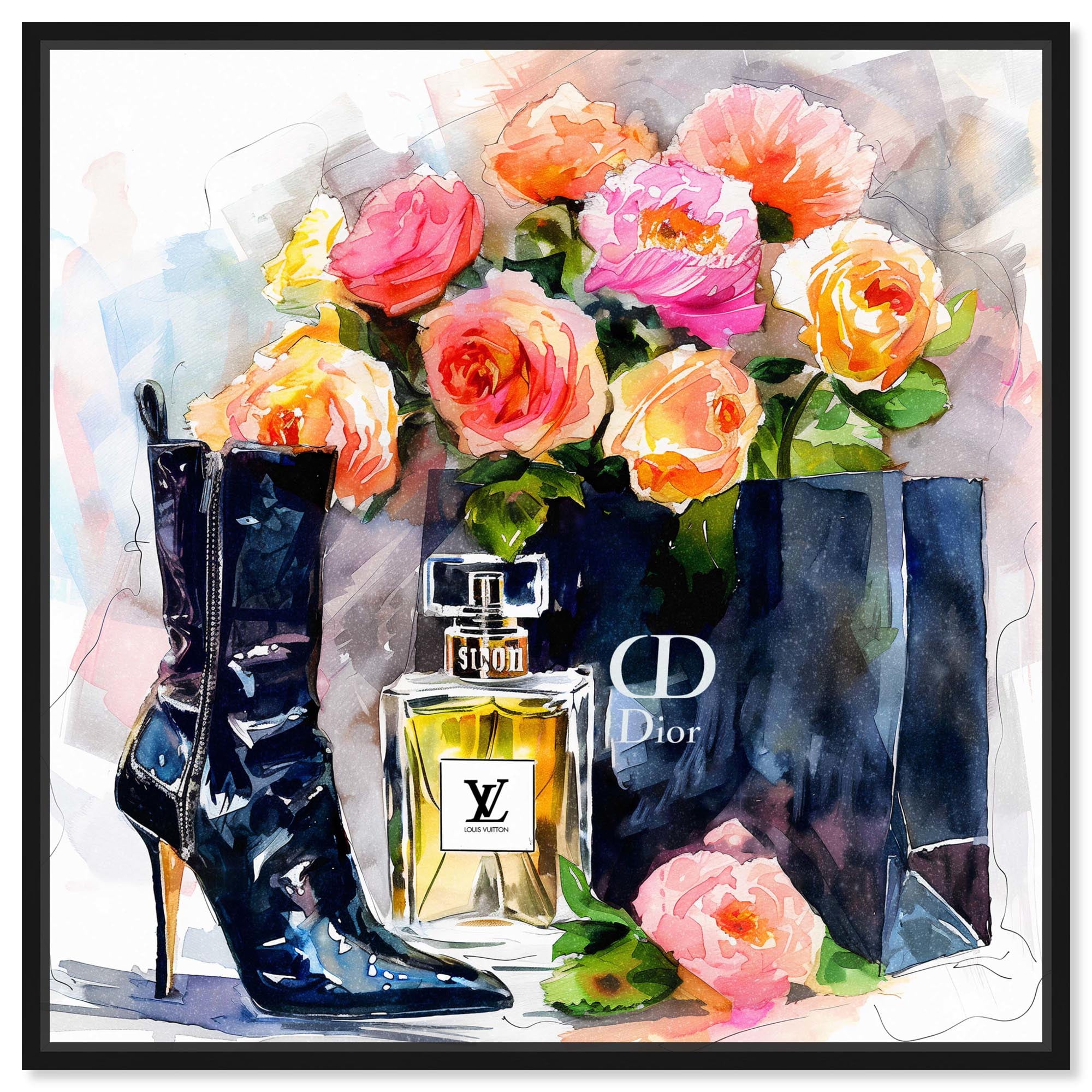 Boot with Perfume and Shopping Bag Canvas Fashion Art Prints by Art Remedy, Black Frame, 24" x 24"