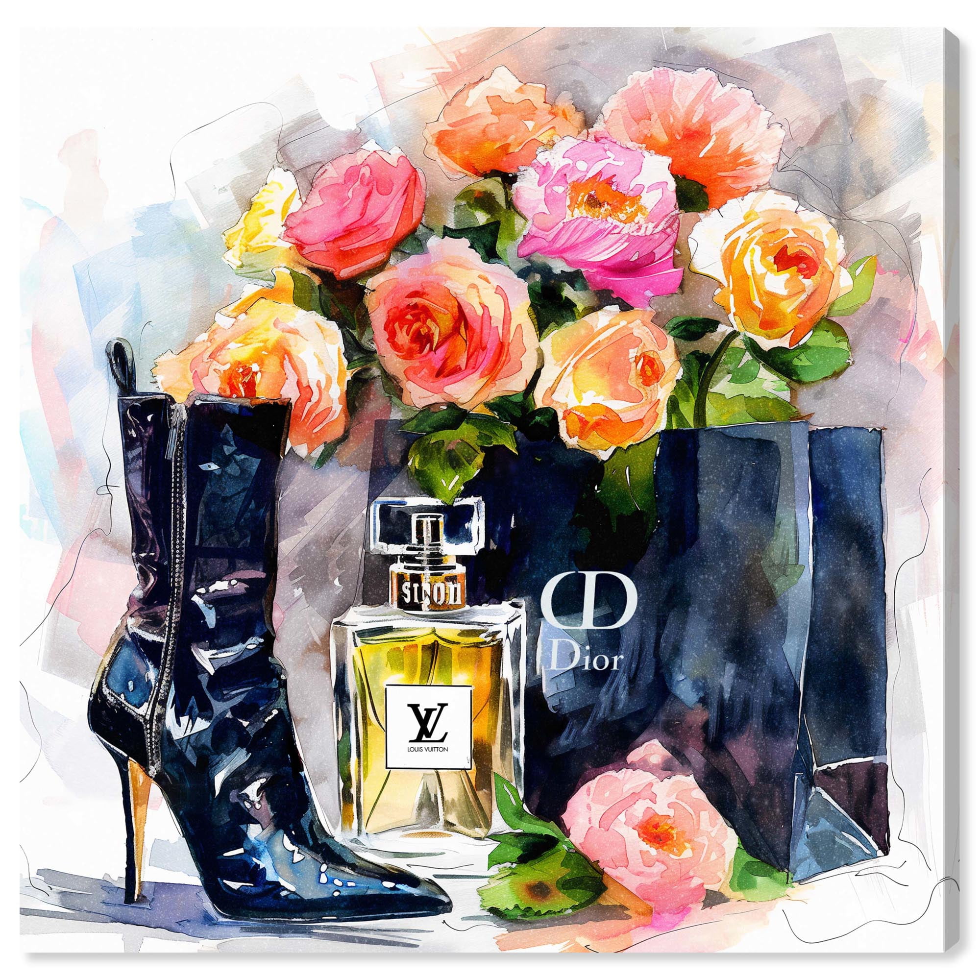 Boot with Perfume and Shopping Bag Canvas Fashion Art Prints by Art Remedy, Gallery Wrapped, 24" x 24"