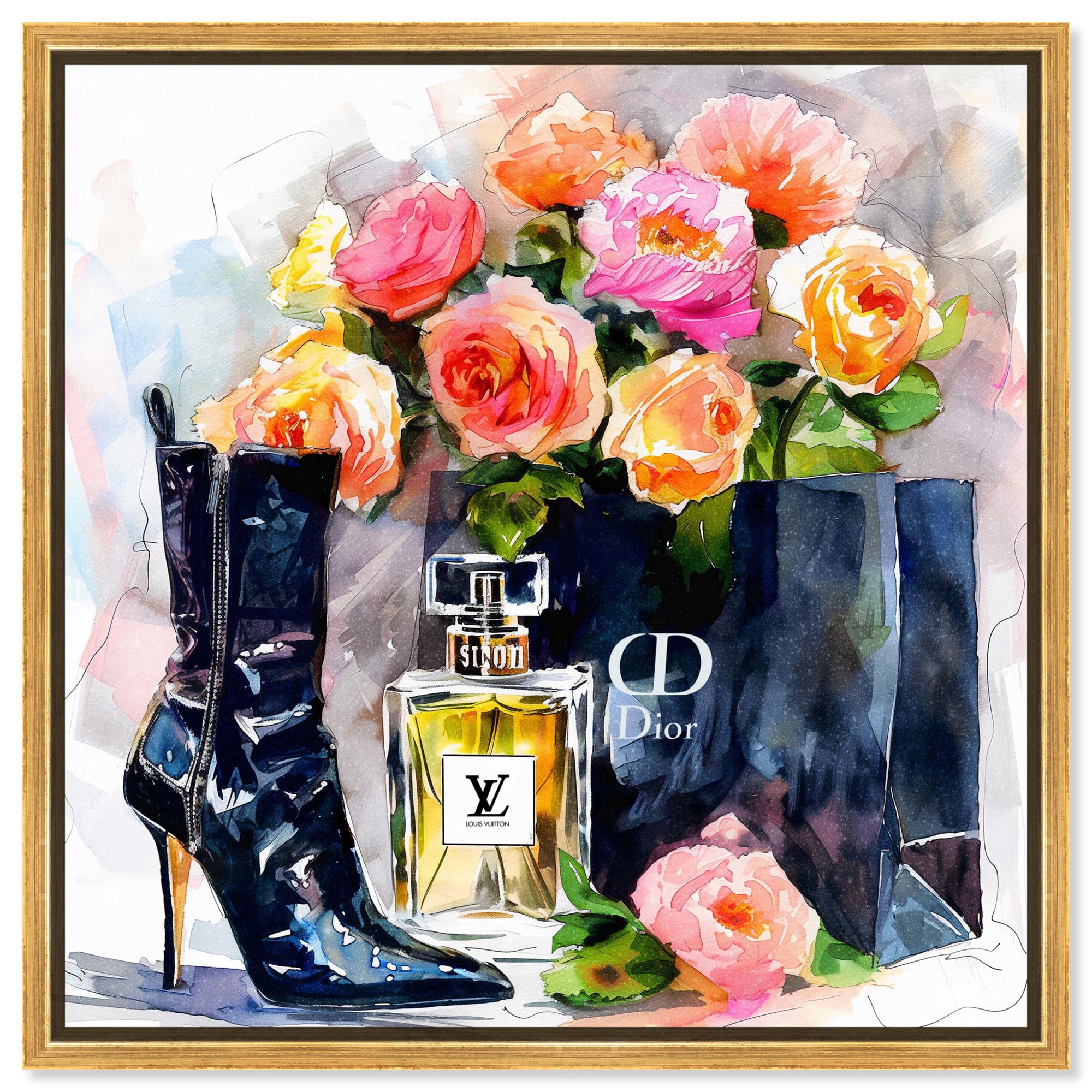 Boot with Perfume and Shopping Bag Canvas Fashion Art Prints by Art Remedy, Gold Frame, 12" x 12"