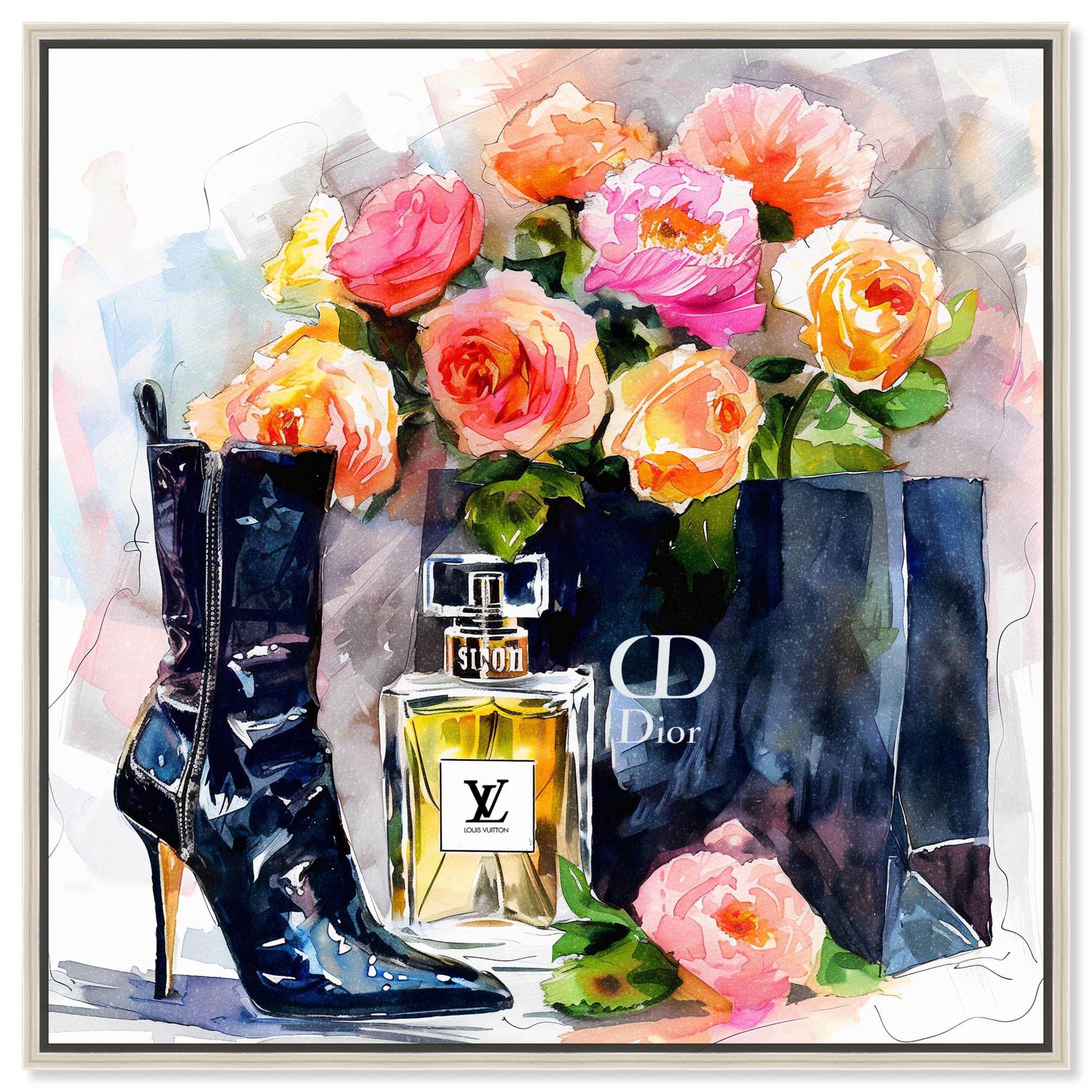 Boot with Perfume and Shopping Bag Canvas Fashion Art Prints by Art Remedy, Silver Frame, 20" x 20"