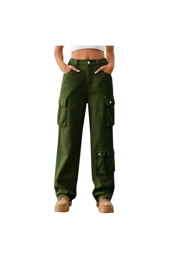 Bootcut Jeans for Women Mid Waist Baggy Cargo Jeans Pants Multi-pocket Straight Wide Leg Trousers Cowgirl Lounge Pant