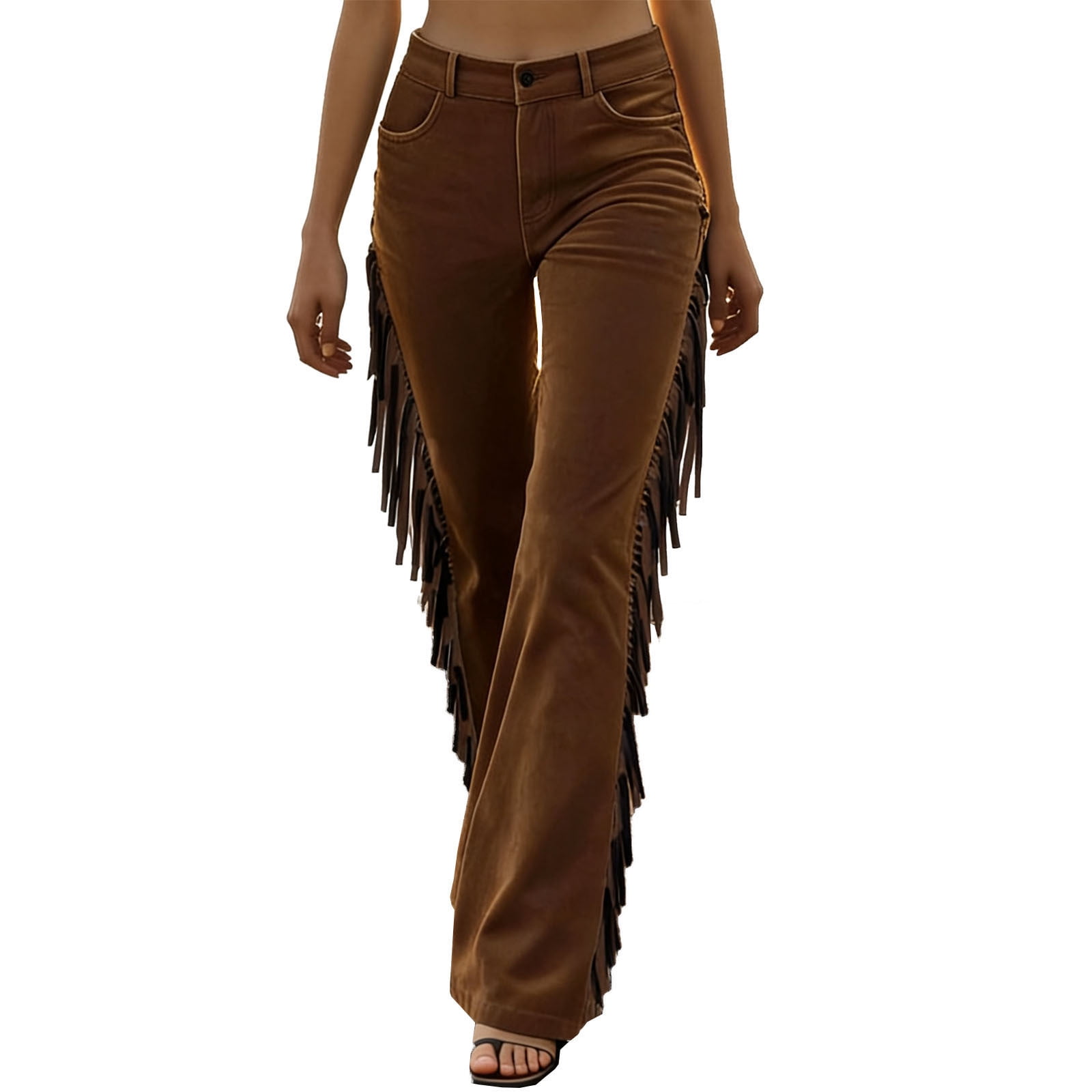 パンツ Andequal wide fringe denim pants Brown Bootcut Jeans for Women Vintage Western Brown Fringe Flared