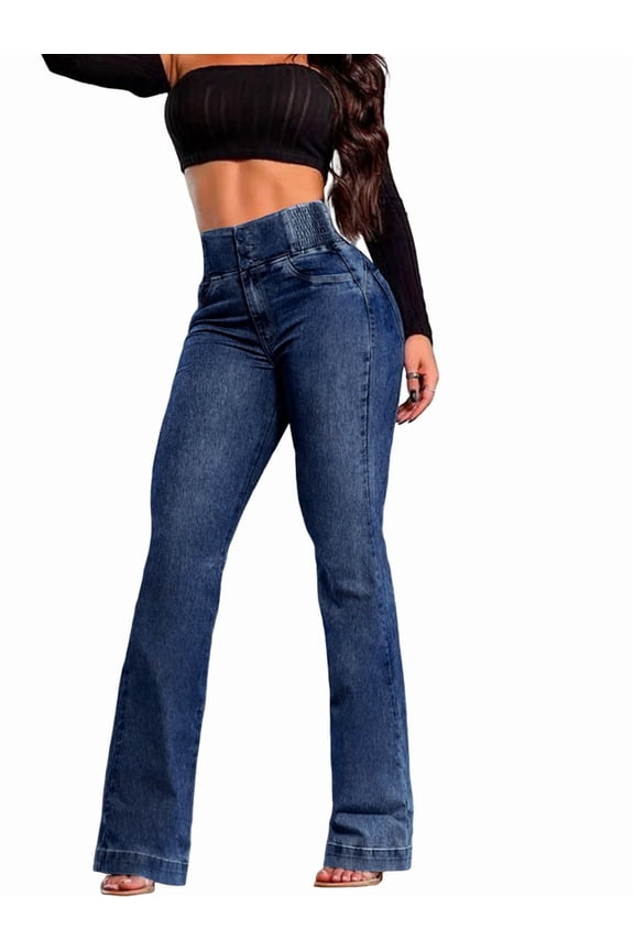 Bootcut Wide Leg Butt Lifting Tummy Control Jeans for Women Stretch Curvy Flare Denim Pants Dark Blue M